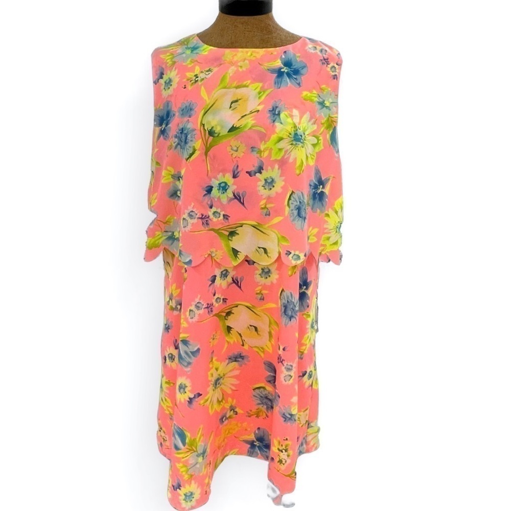 AX Paris neon pink sleeveless fit & flare floral dress scalloped cape Size 16  